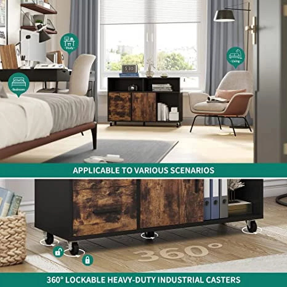 Wood 2 Drawer Mobile File Cabinet with Open Storage Shelves S5031