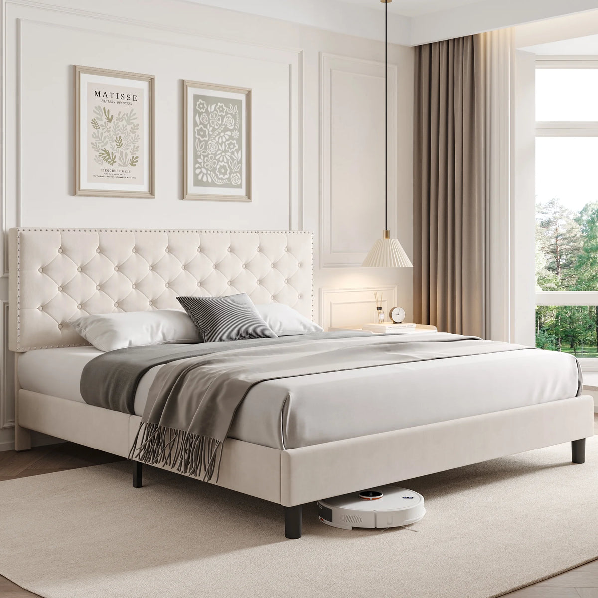 King Size Upholstered Platform Bed with Adjustable Headboard F56925