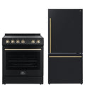 30 Electric Range and Refrigerator in Black with Antique Brass Handles D876