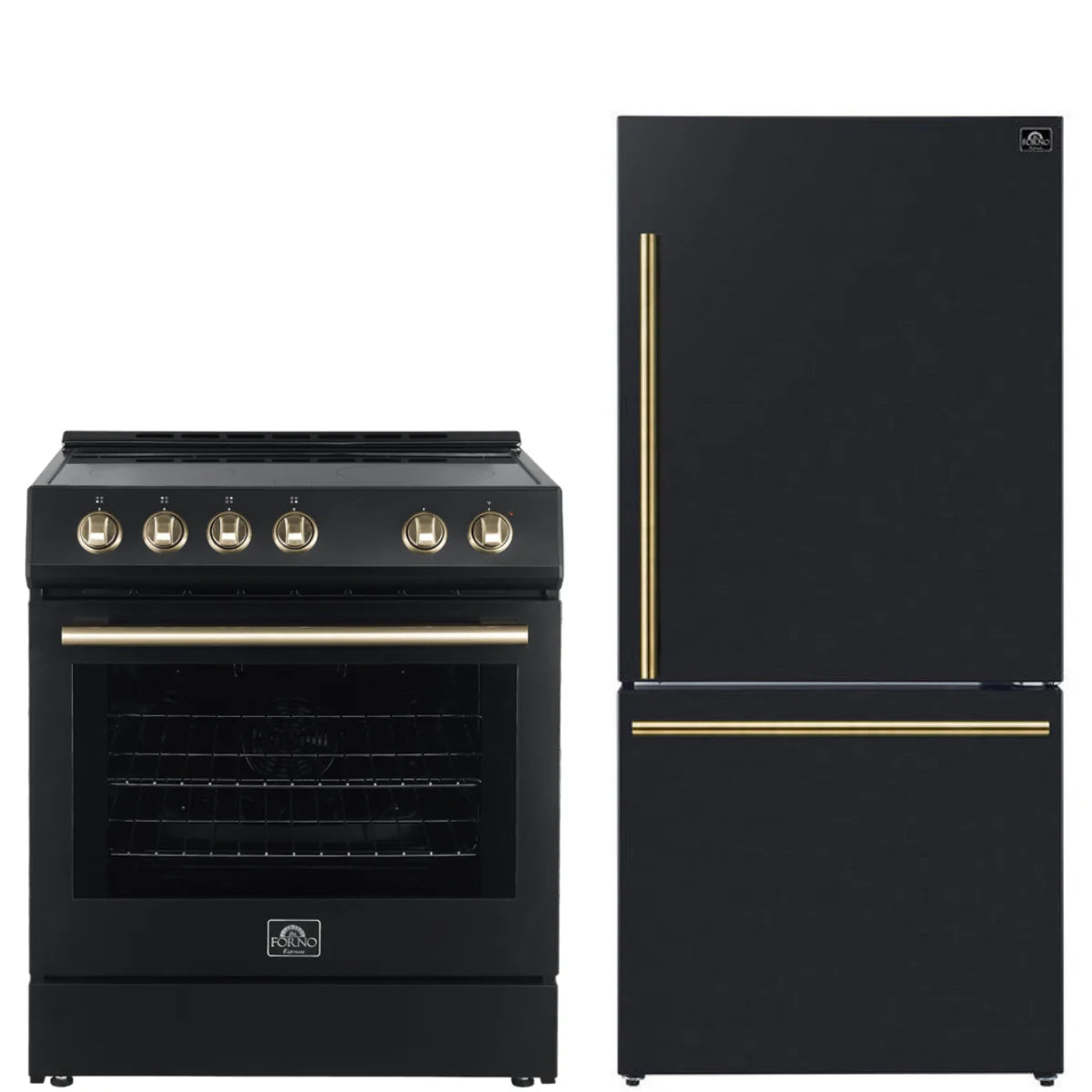 30 Electric Range and Refrigerator in Black with Antique Brass Handles D876