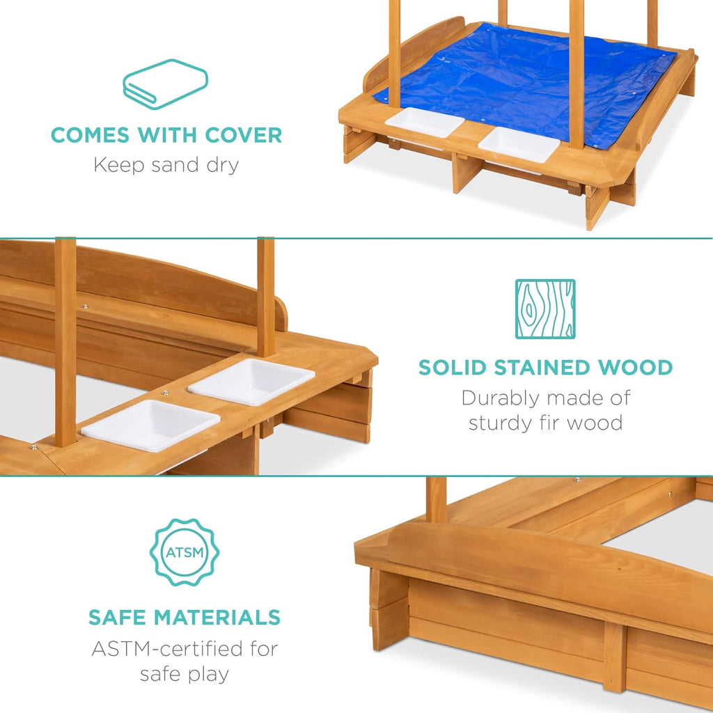 Kids Wooden Sandbox with 2 Bench Seats and Canopy A382