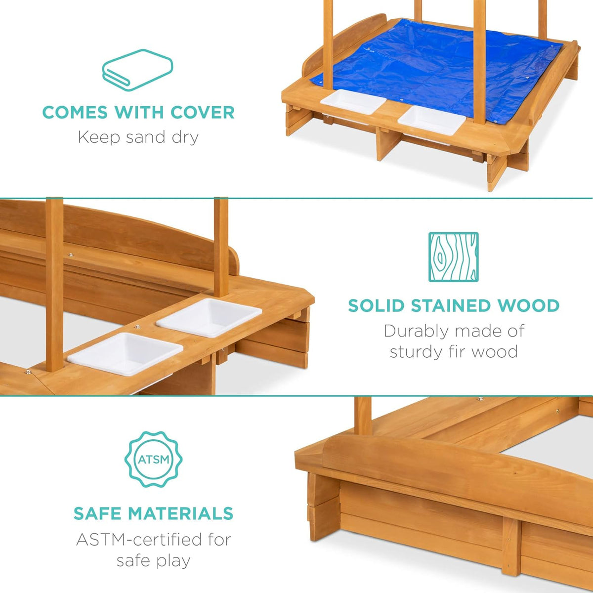 Kids Wooden Sandbox with 2 Bench Seats and Canopy A382