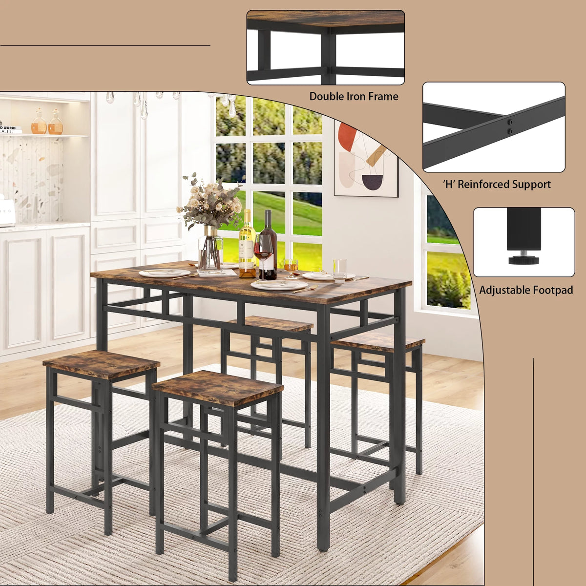 5 Piece Wooden Metal Dining Table and Stools Set A674