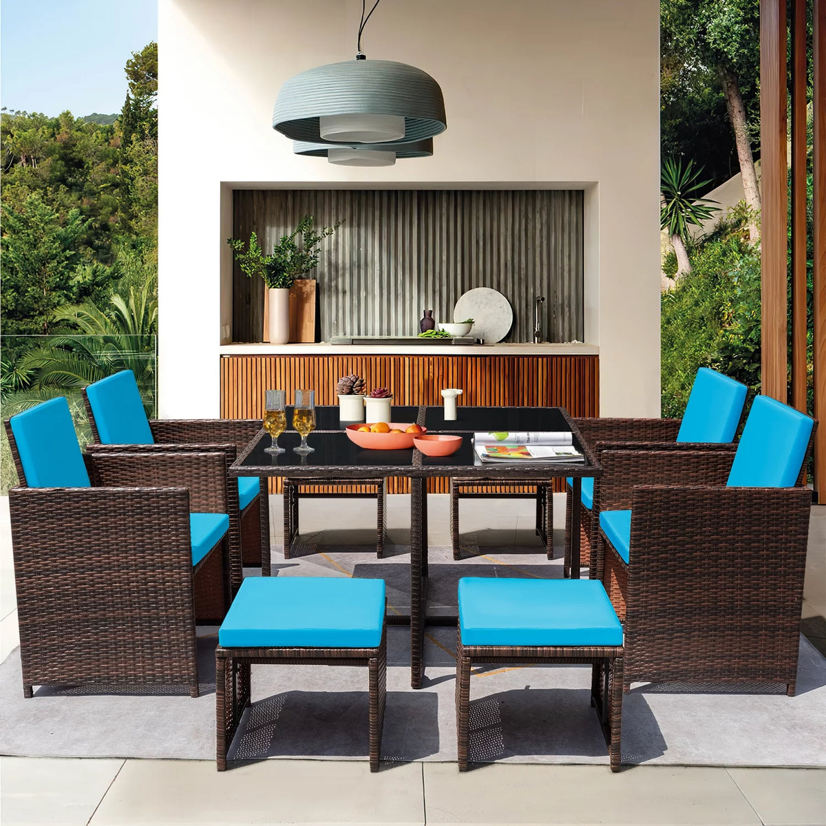 9 Pieces Outdoor Dining Set Wicker Chairs with Glass Table F758