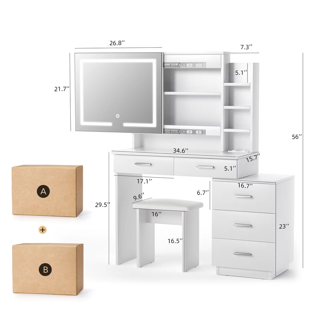 Large White Makeup Vanity Desk with Lighted Mirror and 3-Drawer Chest B493177