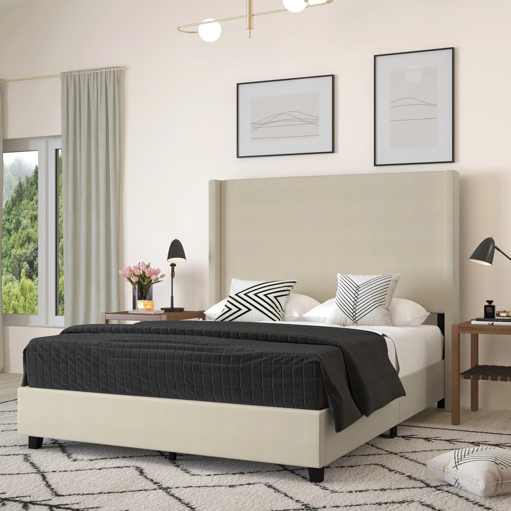 Queen Size Beige Faux Linen Upholstered Platform Bed Frame Z942