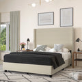 Queen Size Beige Faux Linen Upholstered Platform Bed Frame Z942