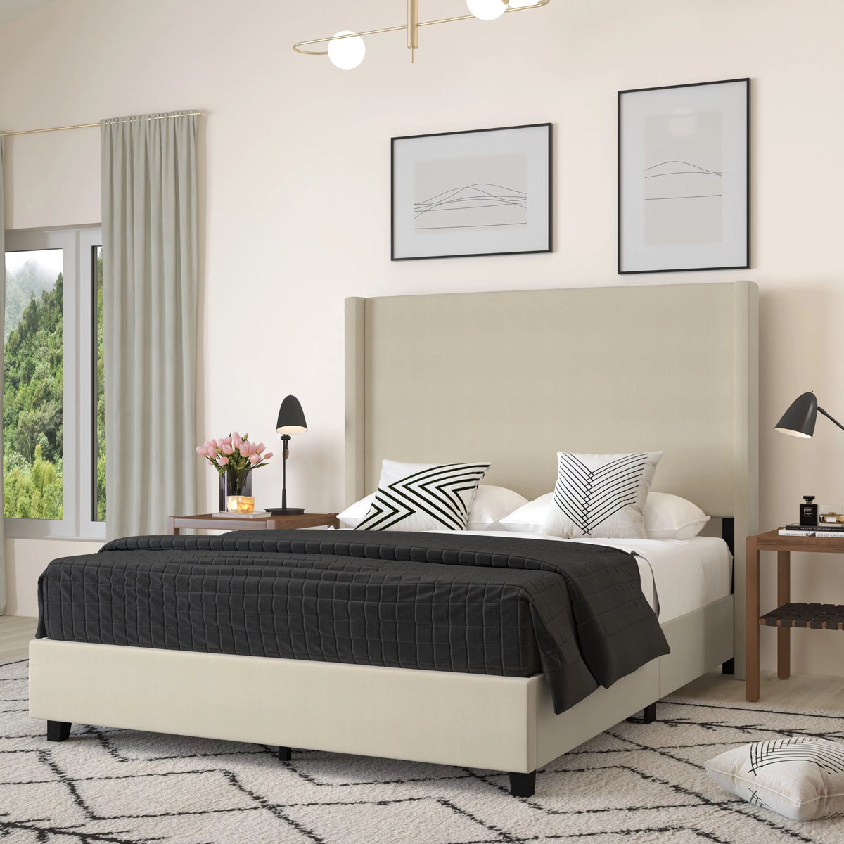 Queen Size Beige Faux Linen Upholstered Platform Bed Frame Z942