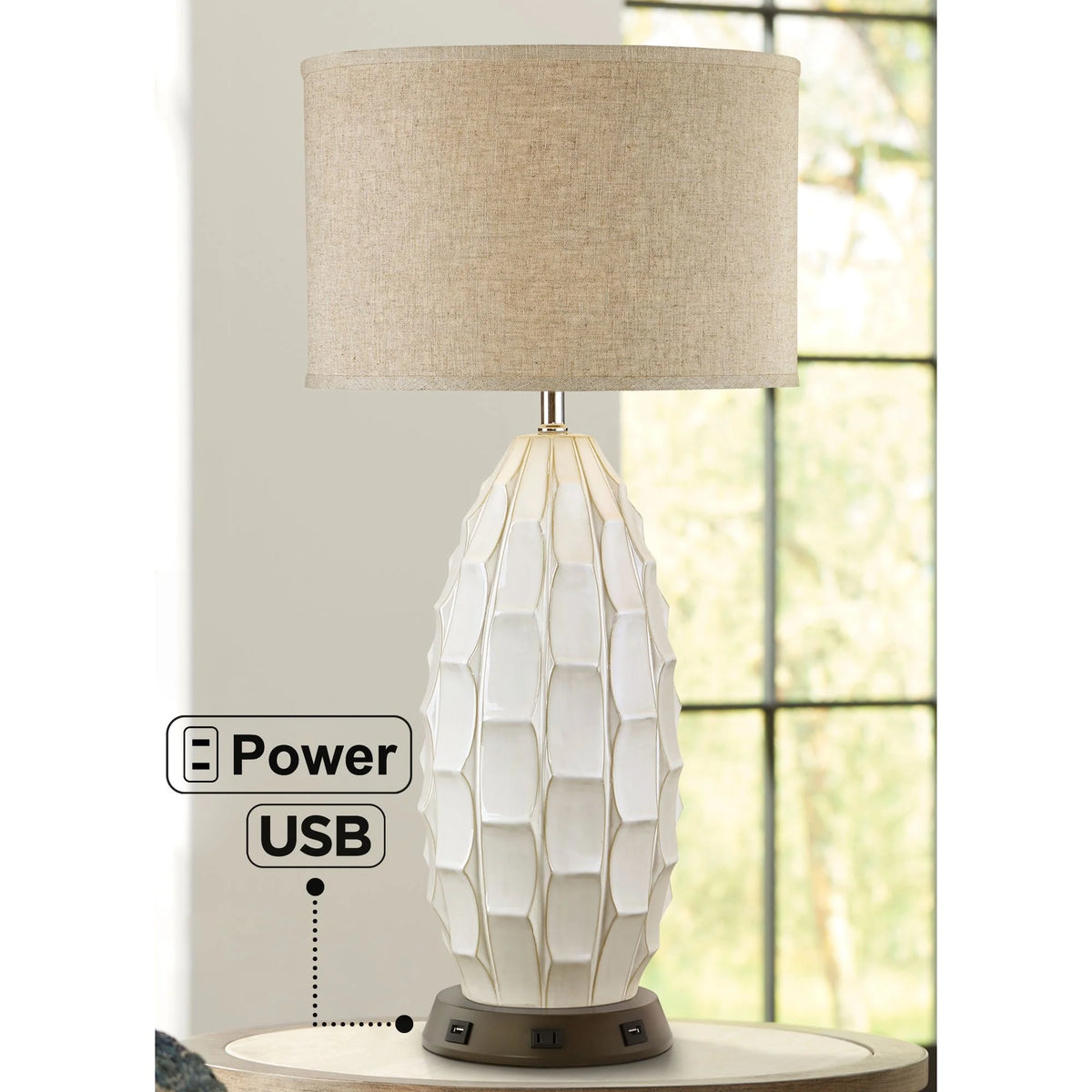 Mid Century Coastal Table Lamp with USB and AC Power Outlet 32.75" Tall White Ceramic J796824