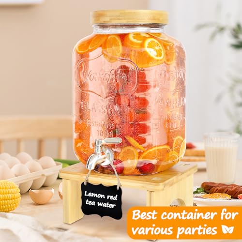 2 Gallon Glass Beverage Dispenser with Wood Stand and Stainless Steel Spigot T9757