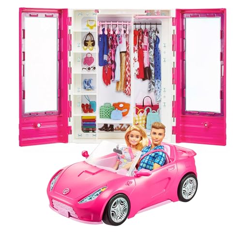 Barbie and Ken Doll with Wardrobe and Pink Two-Seater Convertible Car Z913299