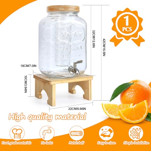 2 Gallon Glass Beverage Dispenser with Wood Stand and Stainless Steel Spigot T9757