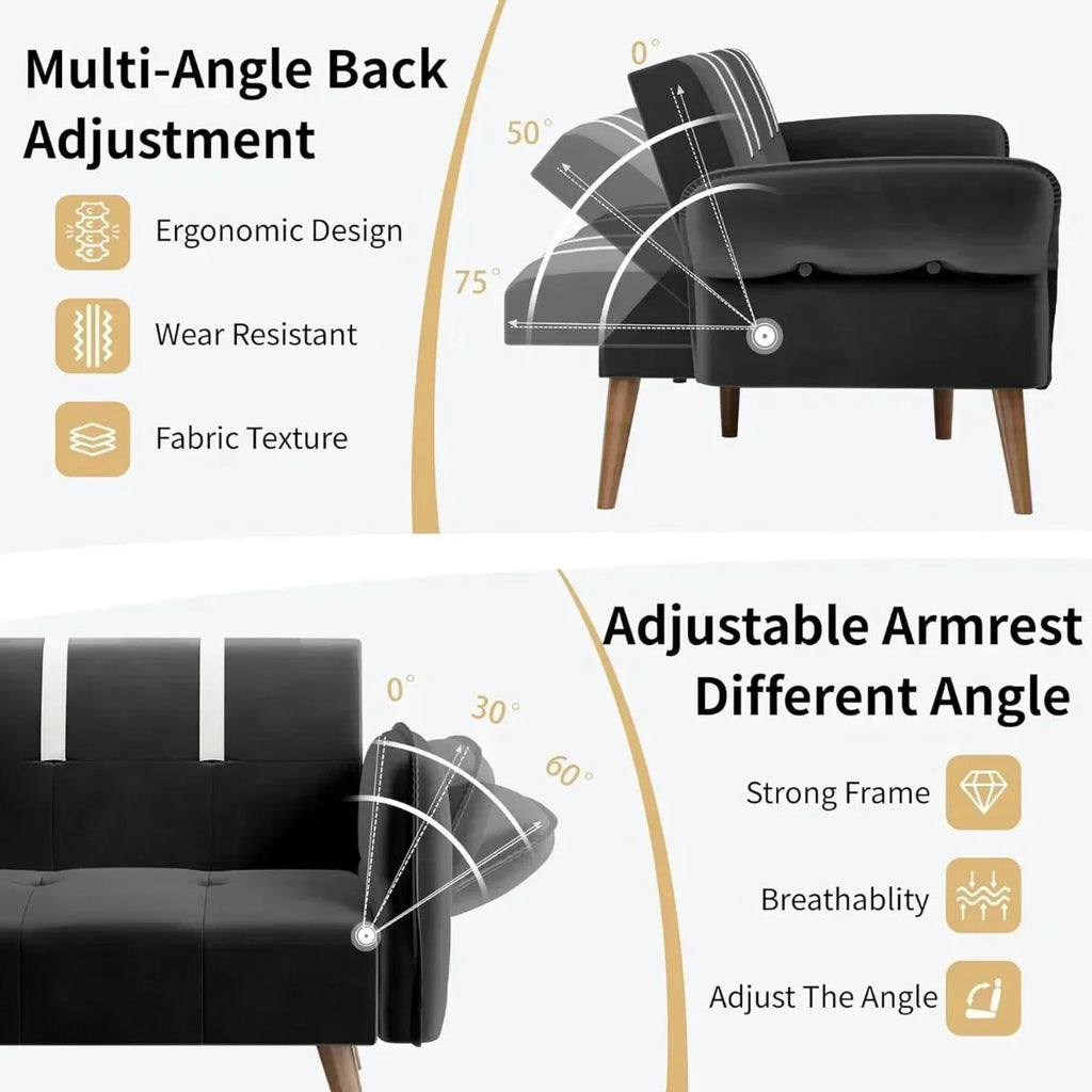 Black Velvet Sofa Bed with Adjustable Armrests C8082