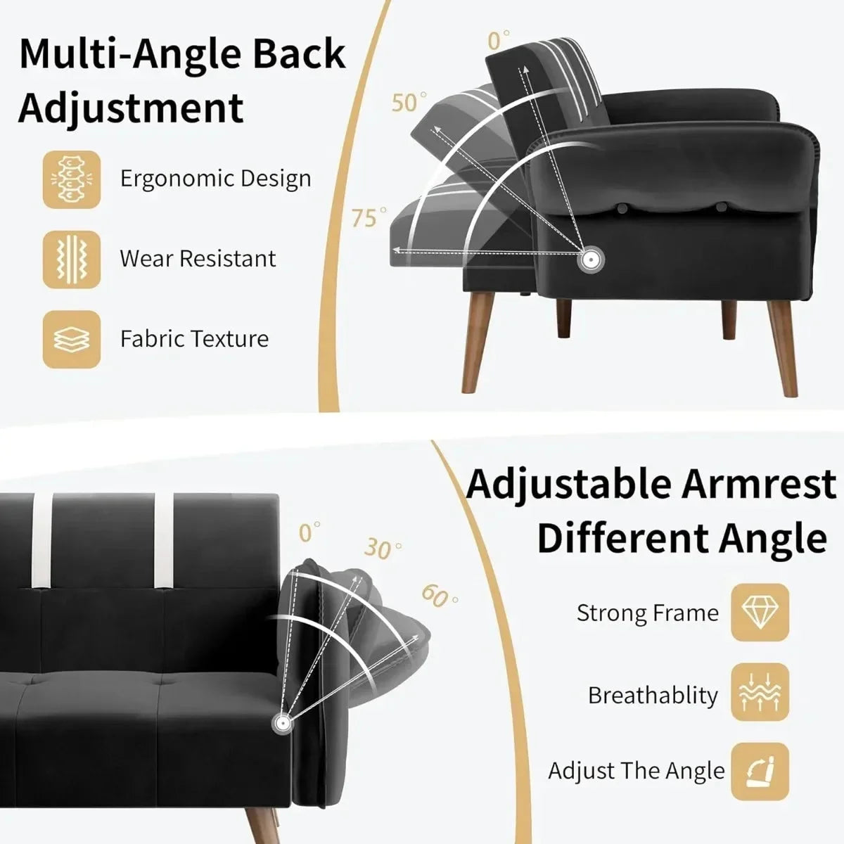 Black Velvet Sofa Bed with Adjustable Armrests C8082