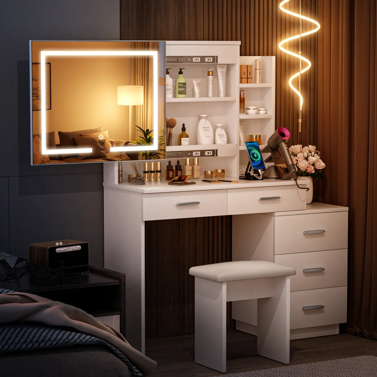 Large White Makeup Vanity Desk with Lighted Mirror and 3-Drawer Chest B493177
