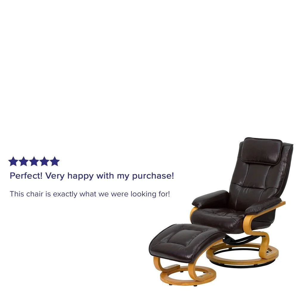 Brown Pushback Recliner and Ottoman with Swivel Wood Base D98378
