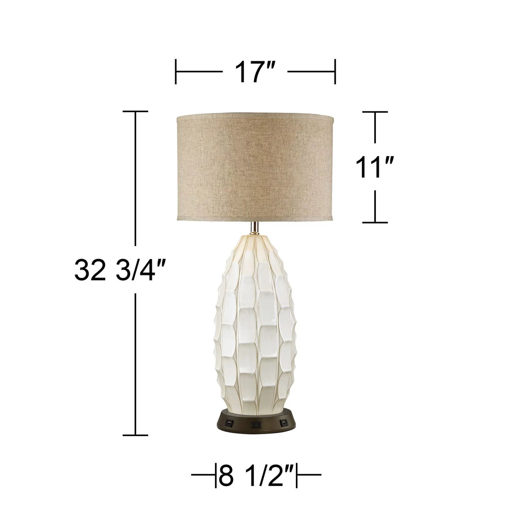 Mid Century Coastal Table Lamp with USB and AC Power Outlet 32.75" Tall White Ceramic J796824