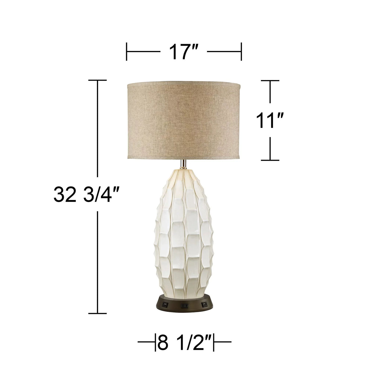 Mid Century Coastal Table Lamp with USB and AC Power Outlet 32.75" Tall White Ceramic J796824