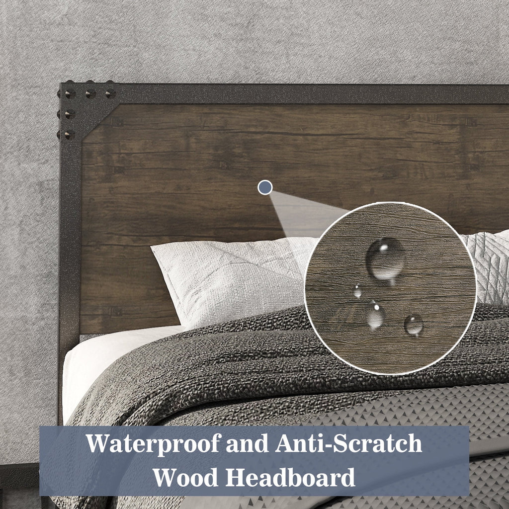 Queen Size Brown Metal Platform Bed Frame with Wooden Headboard J32633
