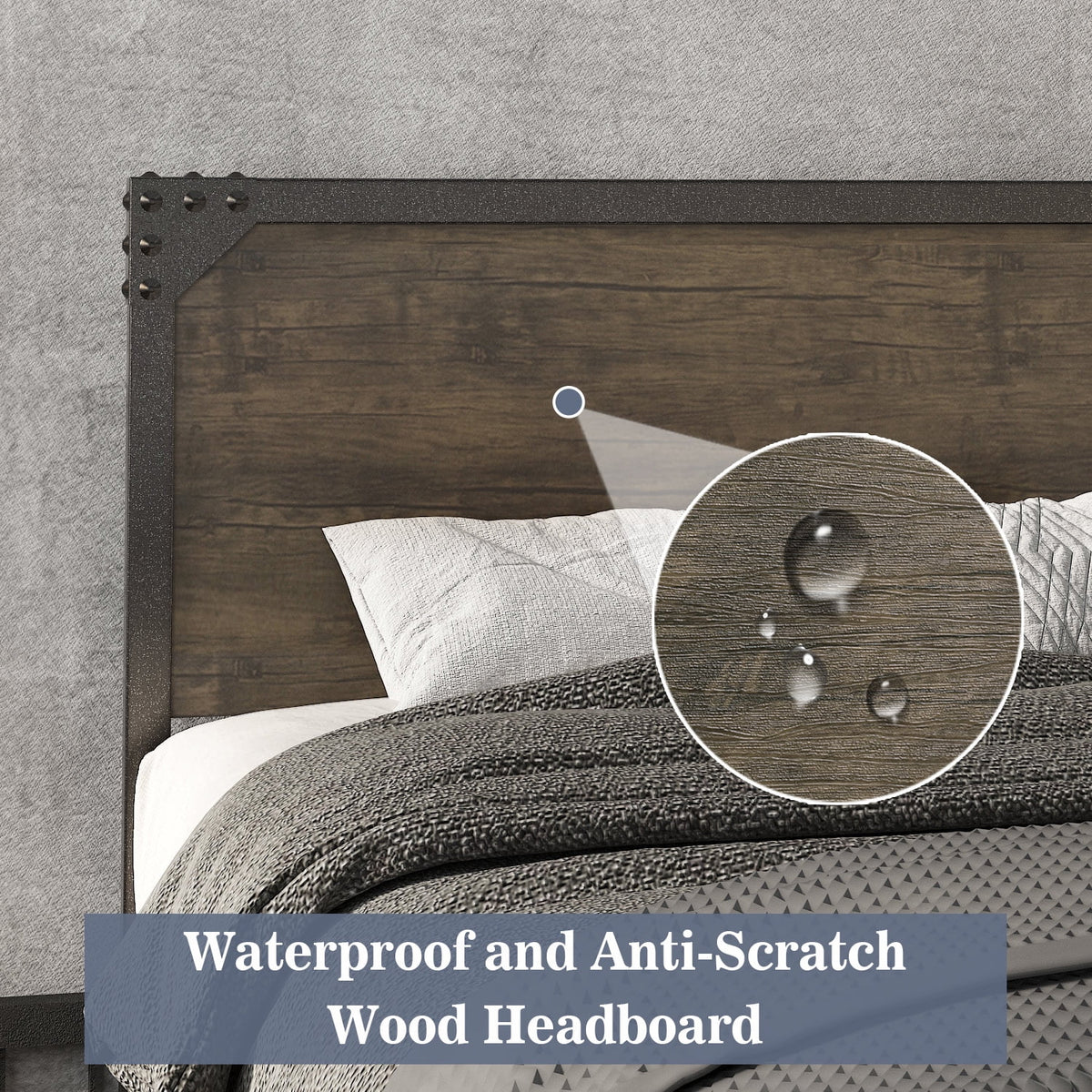 Queen Size Brown Metal Platform Bed Frame with Wooden Headboard J32633