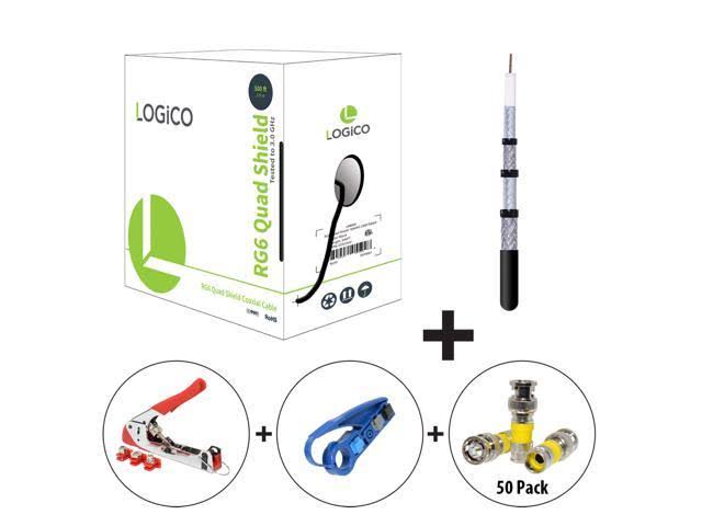 Black RG6 Quad Shield Coaxial Cable 500ft with Compression Tool and Connectors X961