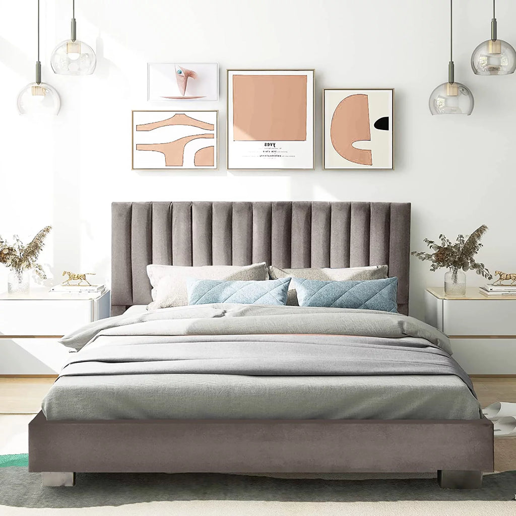 Navy Upholstered Full Size Platform Bed Frame Y9478