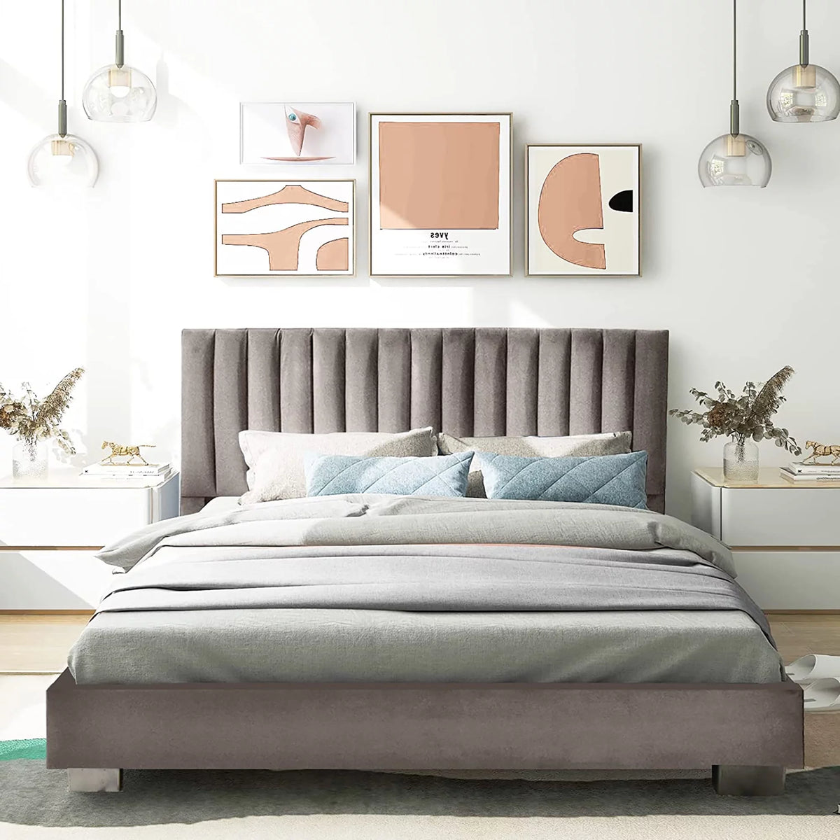 Navy Upholstered Full Size Platform Bed Frame Y9478