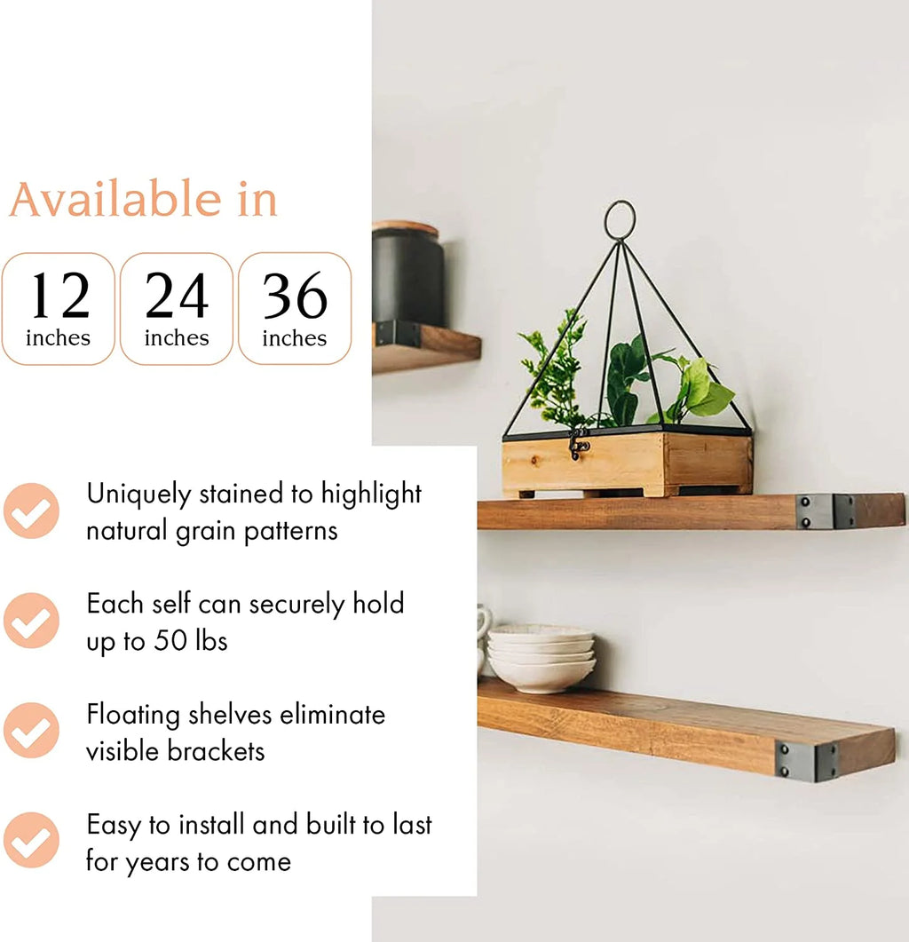 Wall Mounted Wooden Floating Shelves, Light Walnut 12", 24" & 36" Set U171660
