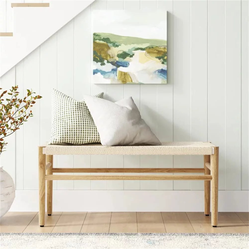 Wood Entryway Bench with Weave Rope Top W784398