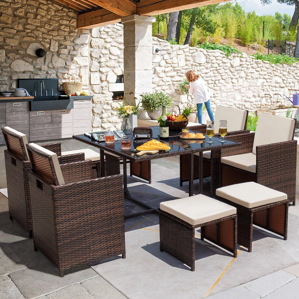 9 Pieces Outdoor Dining Set Wicker Chairs with Glass Table F758