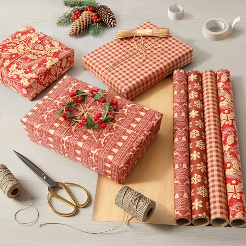 Brown Kraft Christmas Wrapping Paper, 4 Rolls N484