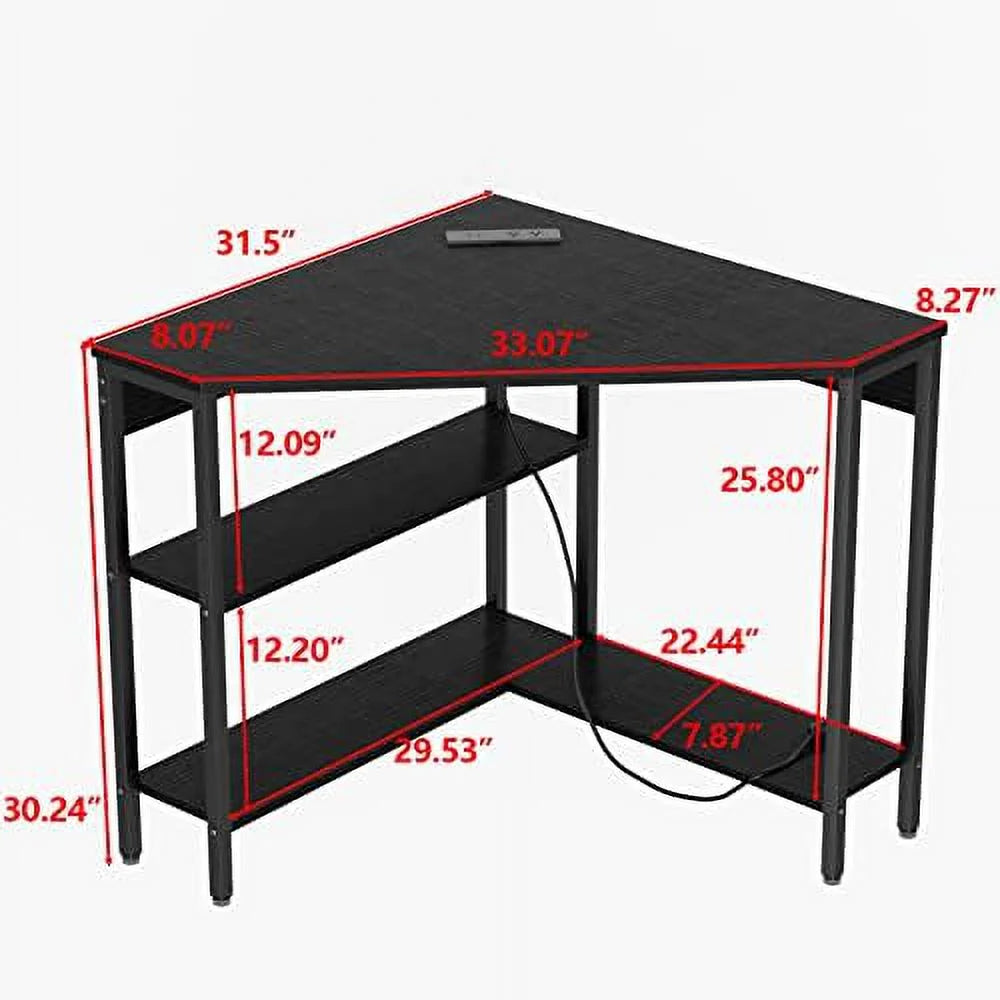 Black Corner Desk with Outlets USB Ports Shelves Q470