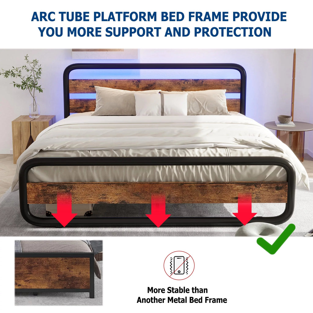 Queen Size Metal Platform Bed Frame with LED Headboard and Storage E34259