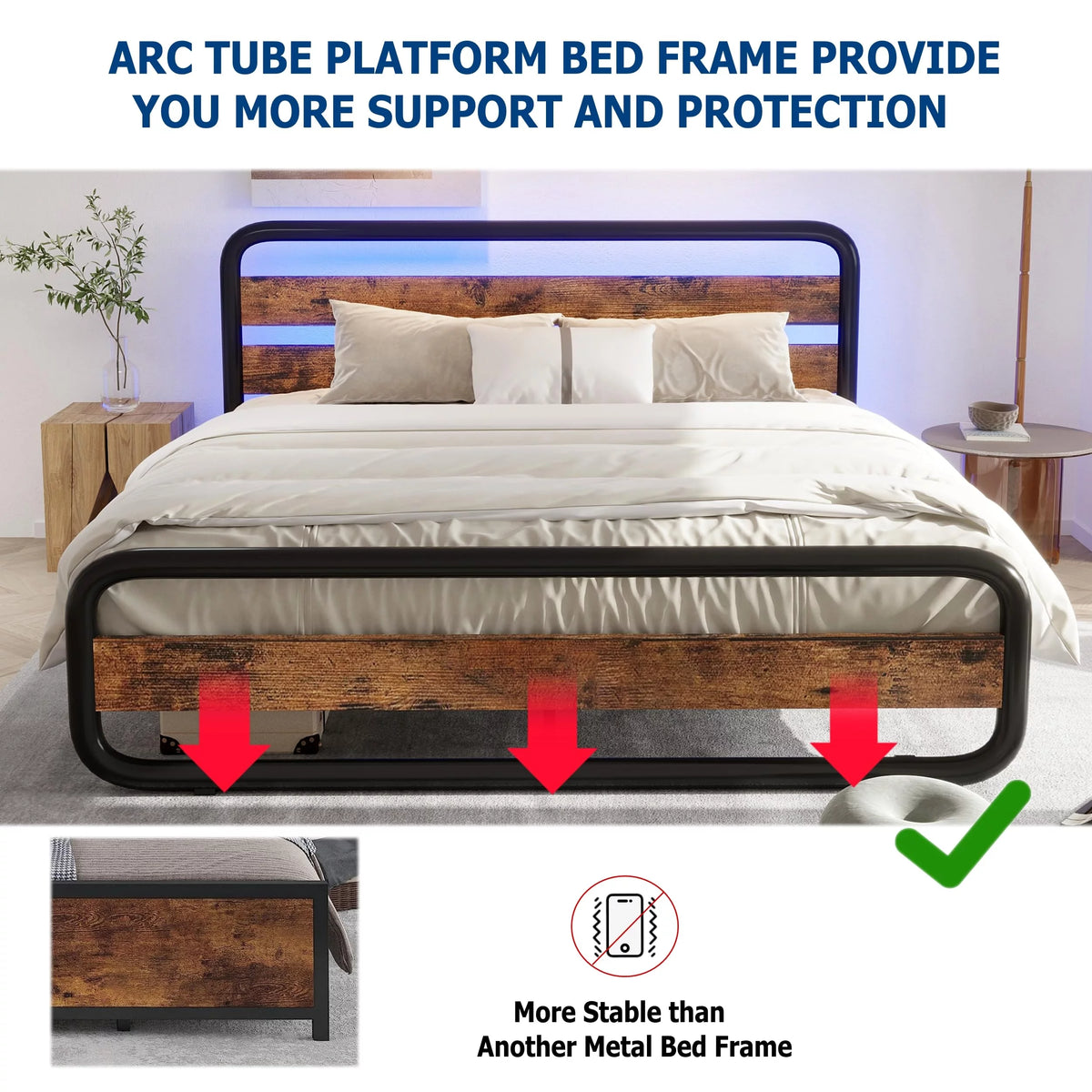 Queen Size Metal Platform Bed Frame with LED Headboard and Storage E34259