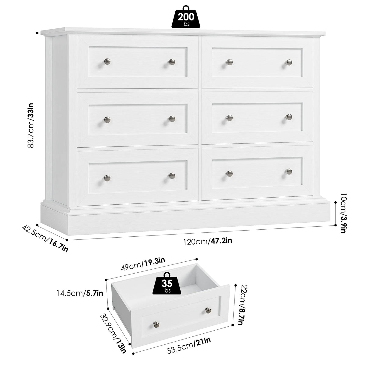 White 6 Drawer Double Dresser W355689