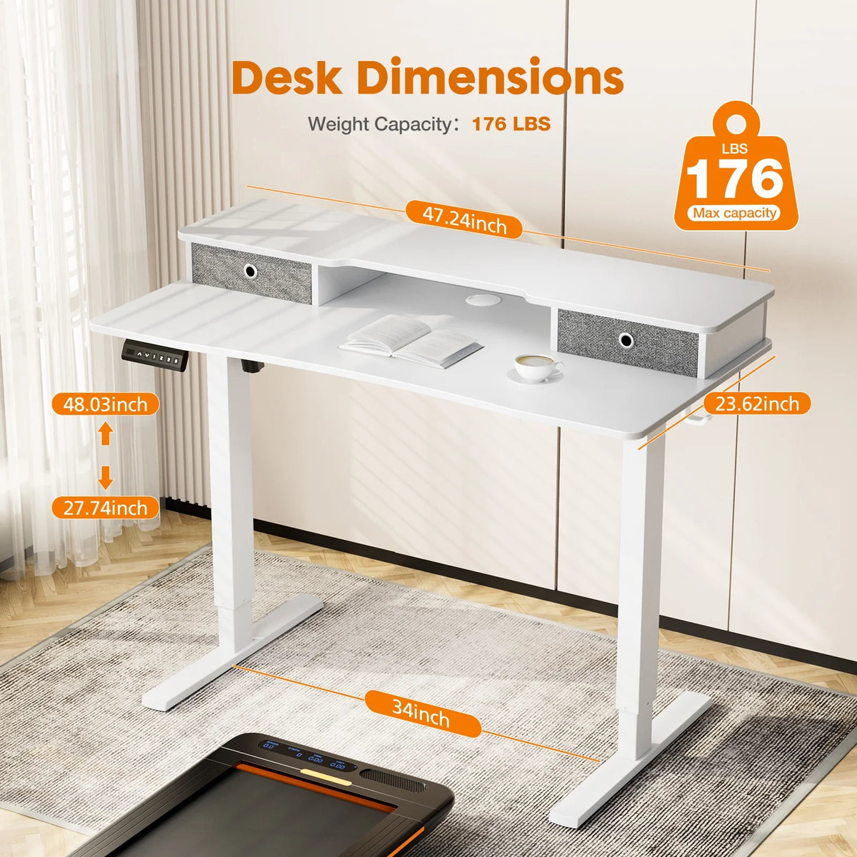Height Adjustable Electric Standing Desk with Storage Shelf Double Drawer U2824