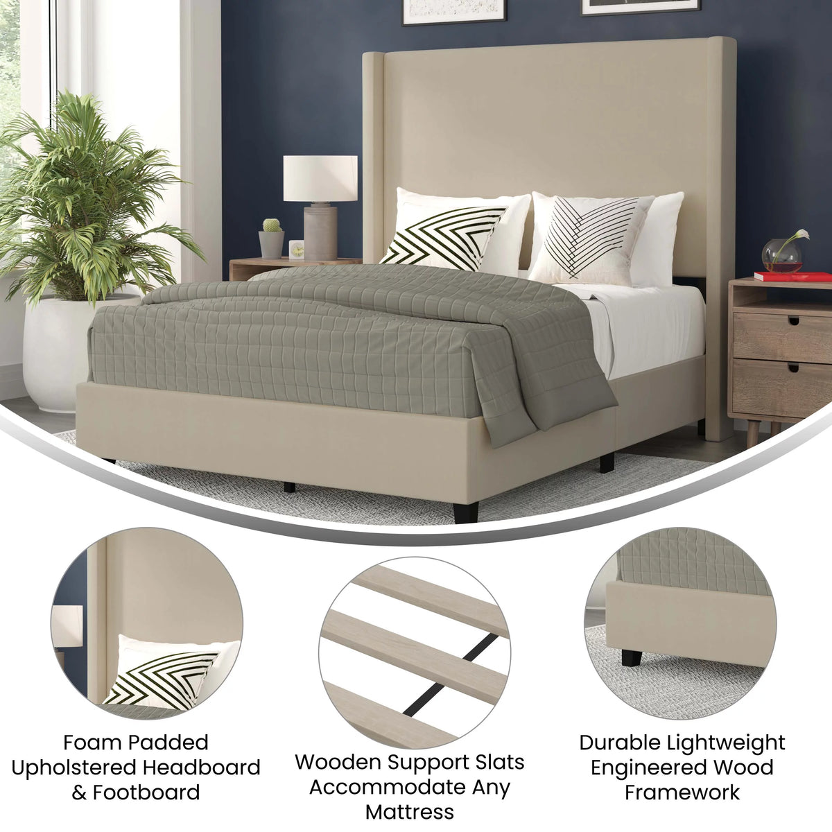 Queen Size Beige Faux Linen Upholstered Platform Bed Frame Z942