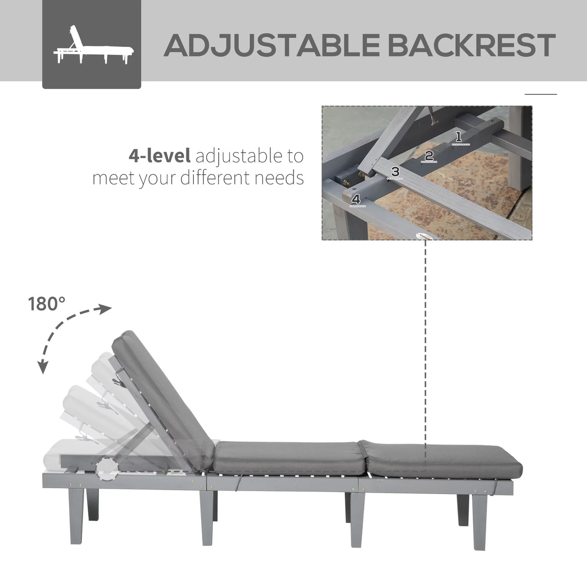 Grey 4-Position Adjustable Chaise Lounge Chair with Cushion P271