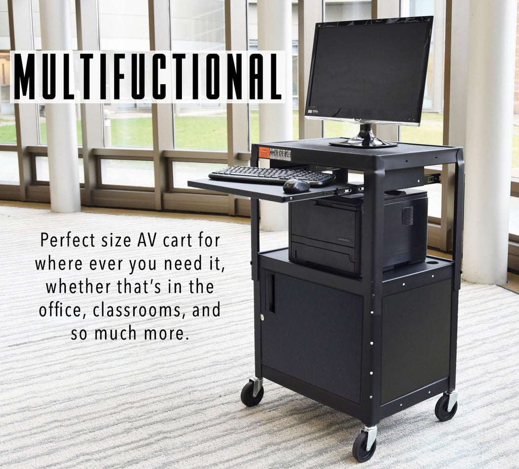 Black Height Adjustable AV Cart with Locking Cabinet I86542