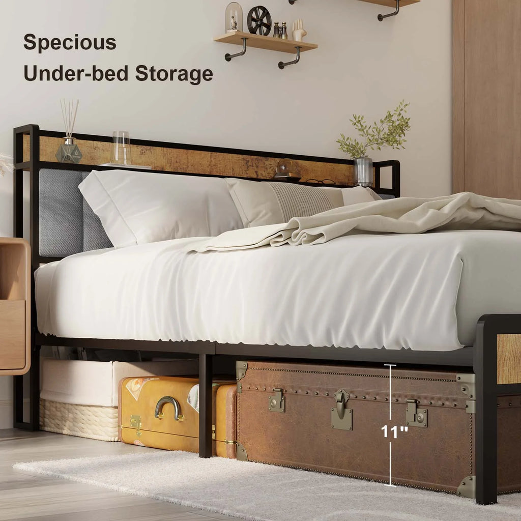 Queen Bed Frame with Storage Headboard, Dark Grey O193158
