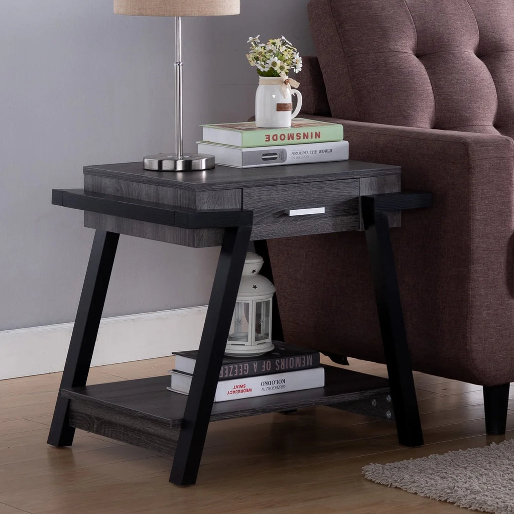 Black Wood End Table with Drawer and Shelf P70702
