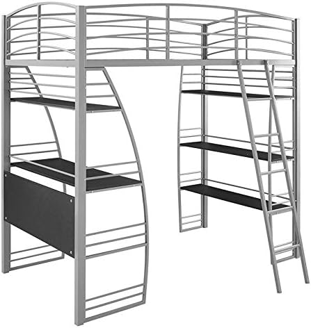 Gray Metal Twin Loft Bed with Desk and Bookcase I128