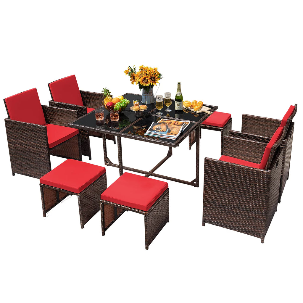 9 Pieces Outdoor Dining Set Wicker Chairs with Glass Table F758