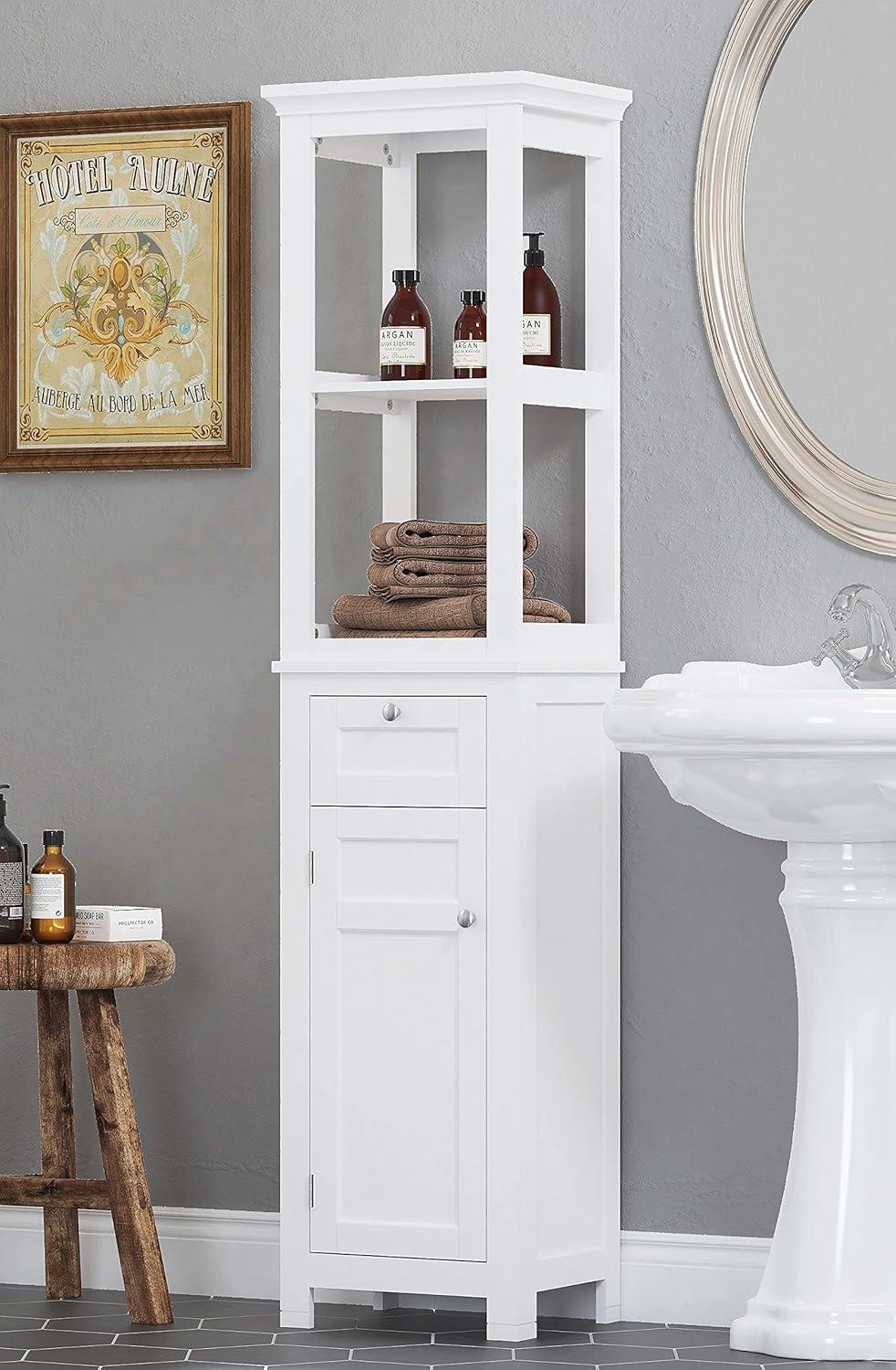 White Freestanding Bathroom Storage Cabinet with Door and Drawer A431875