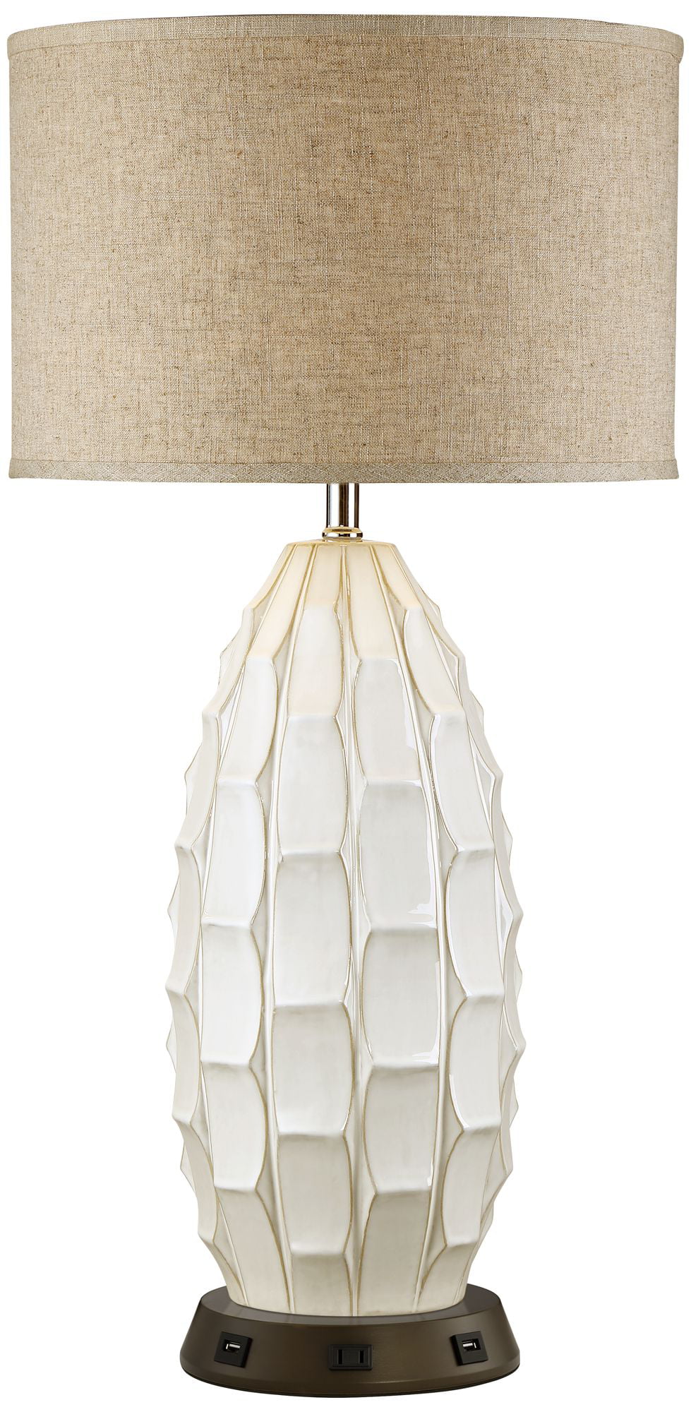 Mid Century Coastal Table Lamp with USB and AC Power Outlet 32.75" Tall White Ceramic J796824