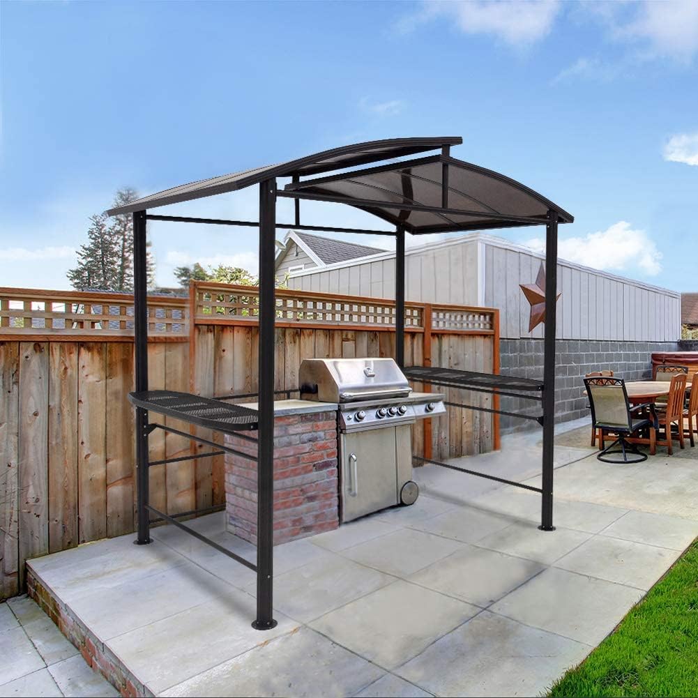 8'x5' Steel Frame Double-Tier Polycarbonate Top Grill Gazebo with Shelves H17904