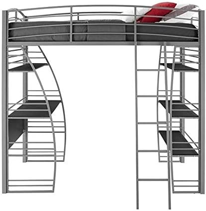 Gray Metal Twin Loft Bed with Desk and Bookcase I128