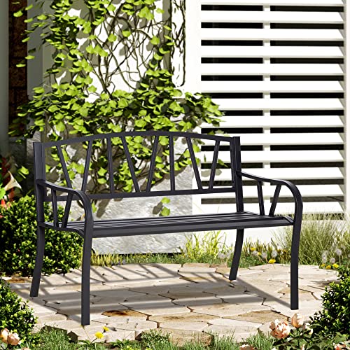 Black Metal Garden Bench with Slatted Seat W30100