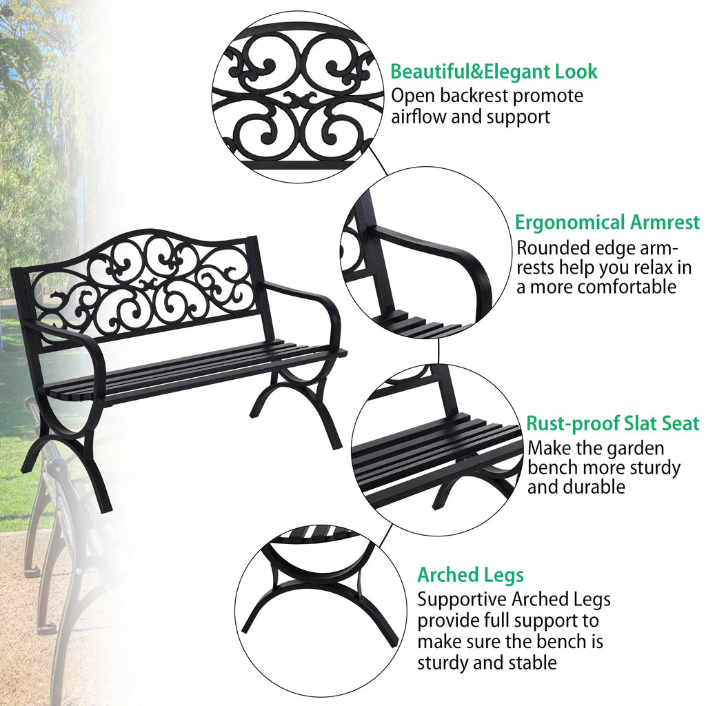 50" Outdoor Iron Cast Garden Park Bench - Black Q969