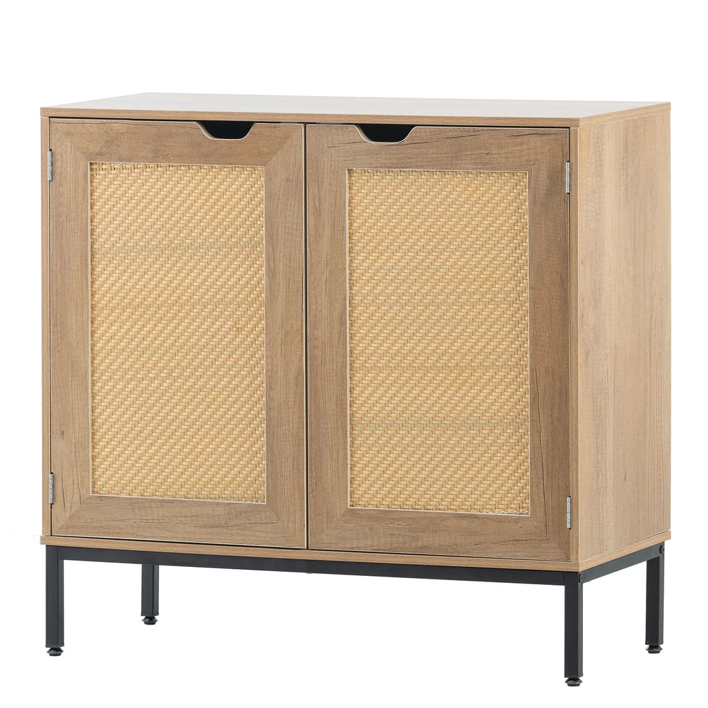 Set of 2 Natural Wood Storage Cabinet with 2 Rattan Doors Y2900
